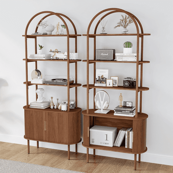 LEFHDA 71" Tall Fluted Arched Bookshelf with Sliding Tambour Doors, 4-Tier Open Display Bookcase, Mid Century Modern Curved Bookshelf for Bedroom/Living Room(Walunt Set of 2)
