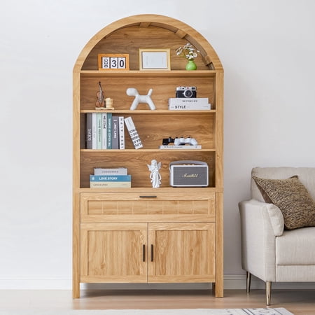 LEFHDA 73.6" Tall Arched Cabinet, Wooden 5-Tier Arched Bookcase with Storage Drawer, Mid-Century Modern Open Display Bookshelf for Living Room, Kitchen (Oak)