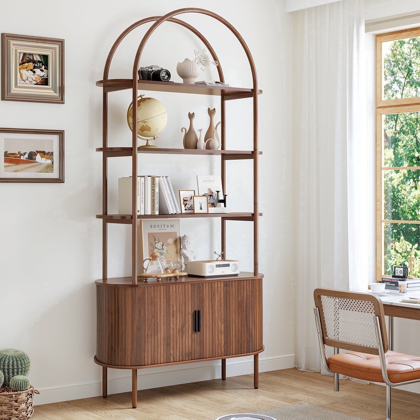 LEFHDA 79" Industrial Modern Arched Bookshelf with 4-Tier Open Shelf & Sliding Tambour Cabinet Storage, Mid-Century Curved Freestanding Bookcase for Living Room, Home Office (Walnut, 79 inch)