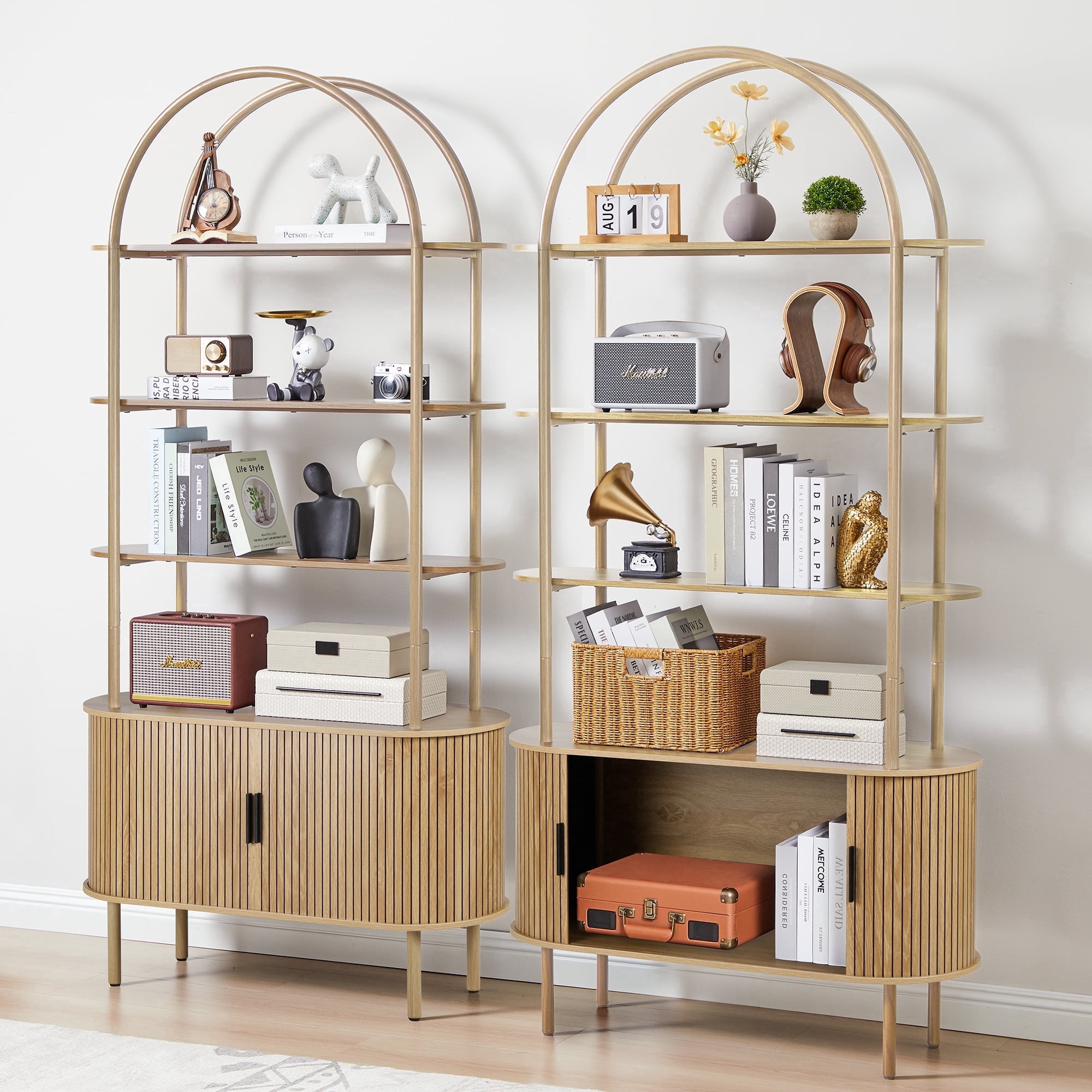 LEFHDA 79" Industrial Modern Arched Bookshelf with 4-Tier Open Shelf & Sliding Tambour Cabinet Storage, Mid-Century Curved Freestanding Bookcase for Living Room (Natural, 79 inch Set of 2)
