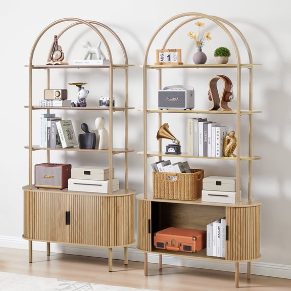 LEFHDA 79" Industrial Modern Arched Bookshelf with 4-Tier Open Shelf & Sliding Tambour Cabinet Storage, Mid-Century Curved Freestanding Bookcase for Living Room (Natural, 79 inch Set of 2)