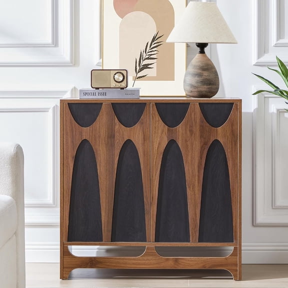 LEFHDA Black Geometric Pattern Design Sideboard Buffet Cabinet, Kitchen Storage Cabinet, 31.5" Accent Cabinet for Living Room, Kitchen, Dining Room, Entryway, Walnut