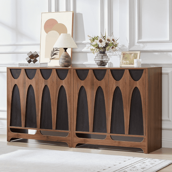 LEFHDA Black Geometric Pattern Design Sideboard Buffet Cabinet, Kitchen Storage Cabinet, 31.5" Accent Cabinet for Living Room, Kitchen, Dining Room, Entryway, Walnut Set of 2