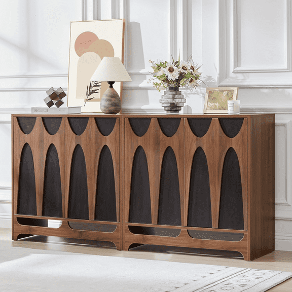 LEFHDA Black Geometric Pattern Design Sideboard Buffet Cabinet, Kitchen Storage Cabinet, 31.5" Accent Cabinet for Living Room, Kitchen, Dining Room, Entryway, Walnut Set of 2