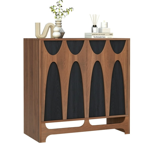 LEFHDA Black Geometric Pattern Design Sideboard Buffet Cabinet, Kitchen Storage Cabinet, 31.5" Accent Cabinet for Living Room, Kitchen, Dining Room, Entryway, Walnut