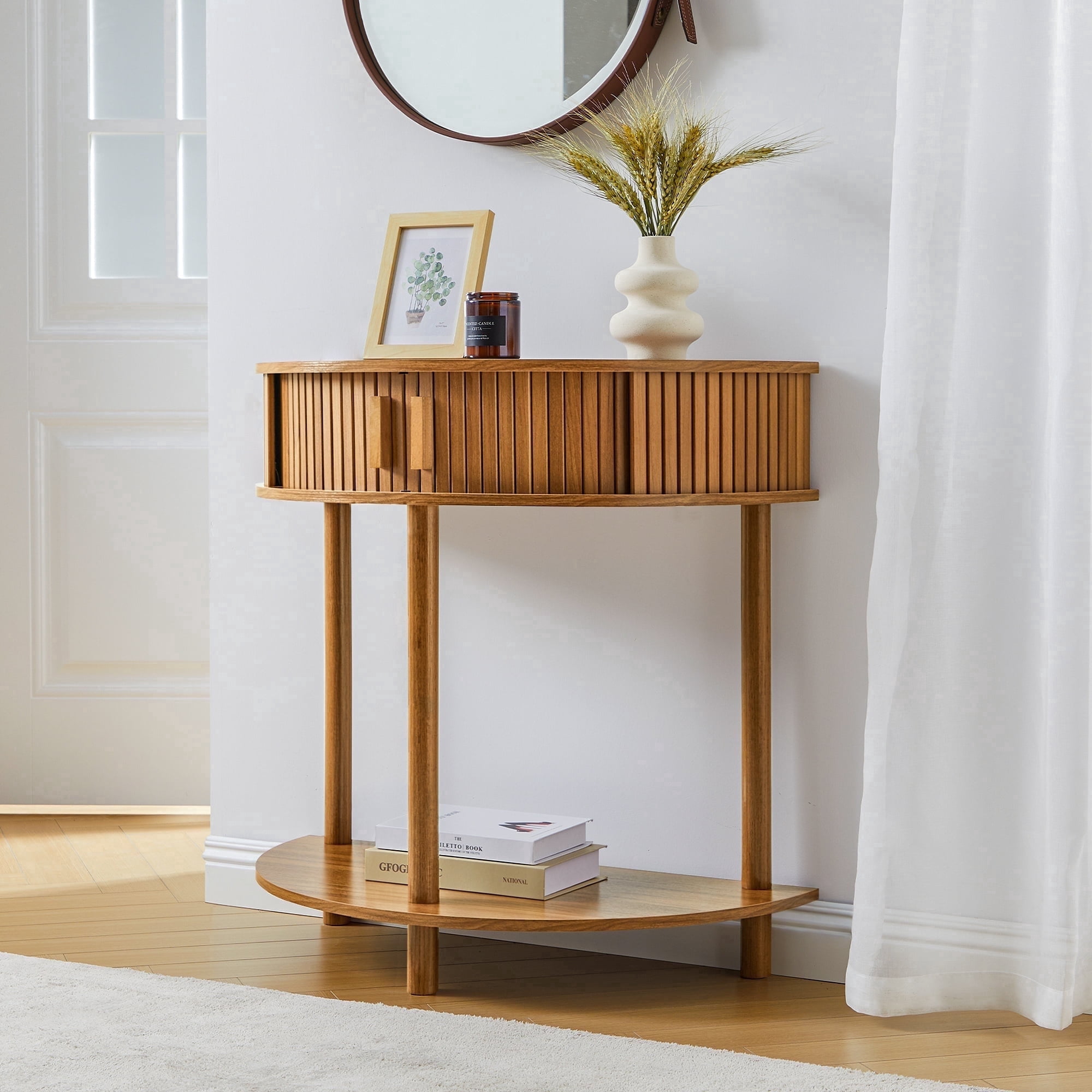 LEFHDA Entryway Table with Storage, Half Moon Fluted Mid Century Modern Console Tables, Small Narrow Sofa Table with Sliding Door, Curved Display Shelf Hallway Table for Living Room