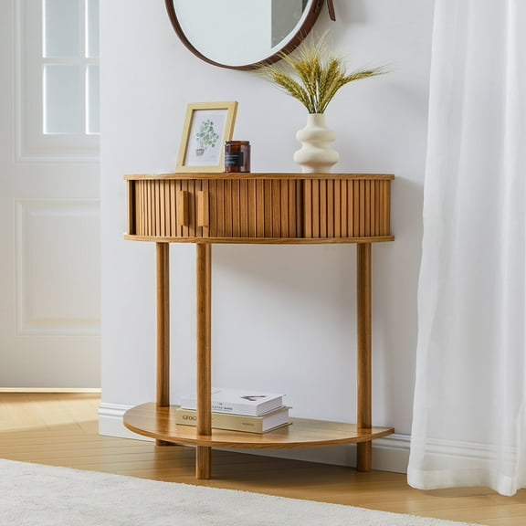 LEFHDA Entryway Table with Storage, Half Moon Fluted Mid Century Modern Console Tables, Small Narrow Sofa Table with Sliding Door, Curved Display Shelf Hallway Table for Living Room