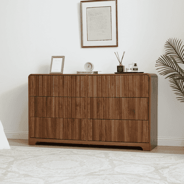 LEFHDA Fluted 6 Drawers Dresser, Mid Century Modern Storage Dresser, Large Dresser with Curved Profile Design, 53" Wood Dresser for Bedroom Living (Walnut)