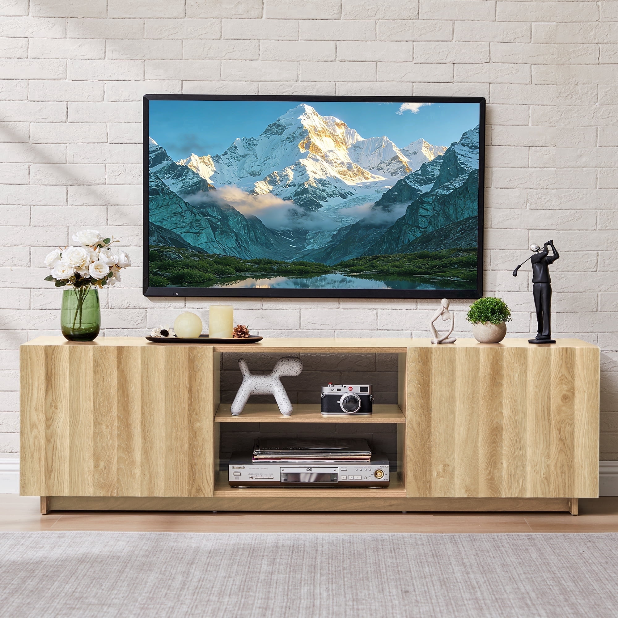 LEFHDA Fluted 61" TV Stand for TVs up to 75", Mid Century Modern Entertainment Center with 2 Doors & Adjustable Shelves, Wood Media Console Table for Living Room, Bedroom (Oak)