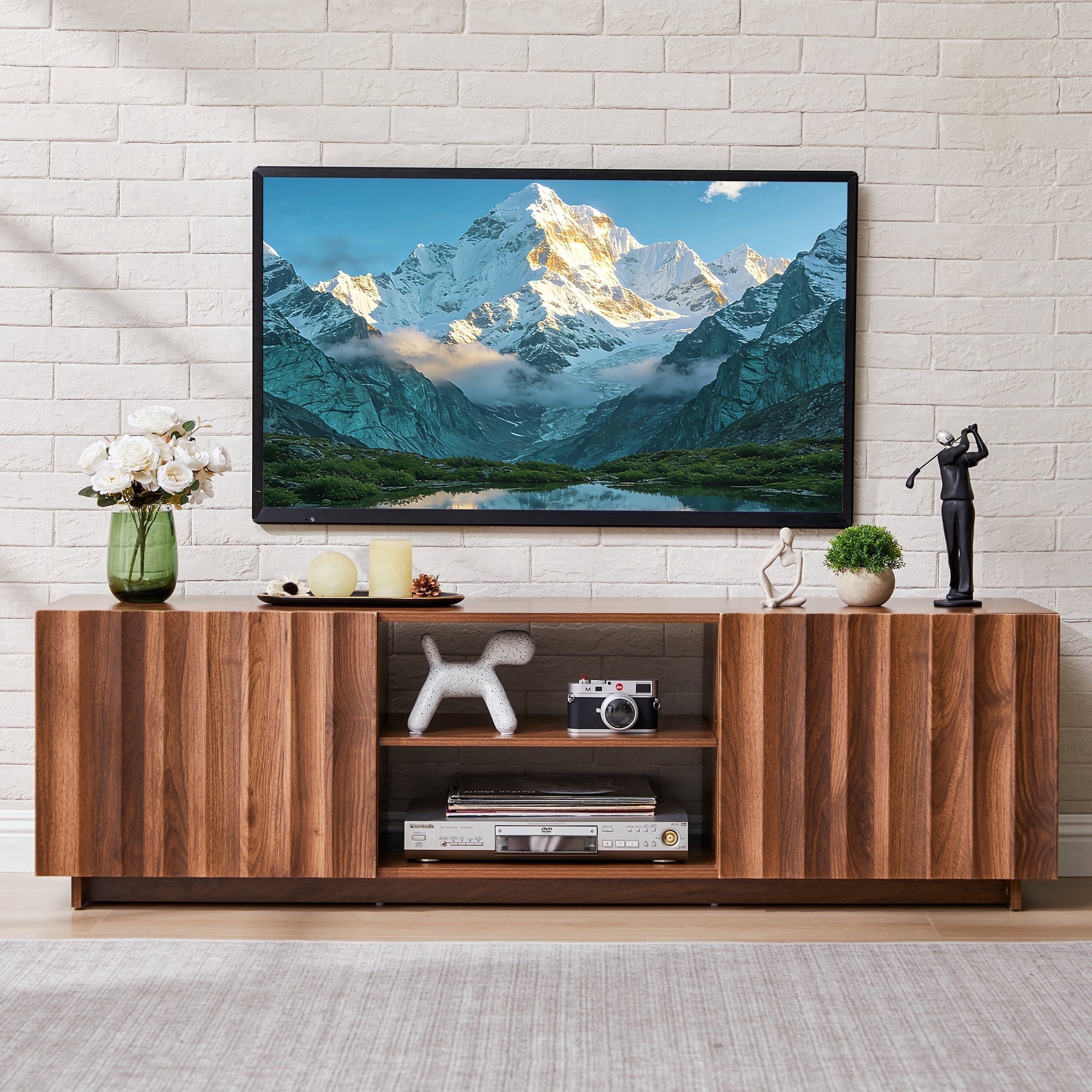 LEFHDA Fluted 61" TV Stand for TVs up to 75", Mid Century Modern Entertainment Center with 2 Doors & Adjustable Shelves, Wood Media Console Table for Living Room, Bedroom (Walnut)