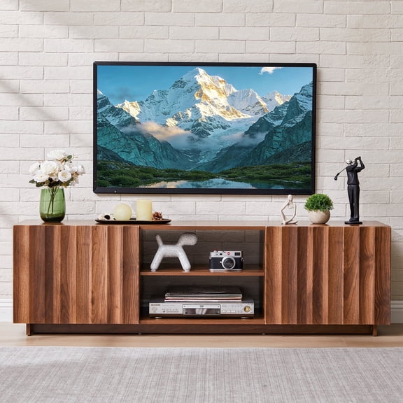 LEFHDA Fluted 61" TV Stand for TVs up to 75", Mid Century Modern Entertainment Center with 2 Doors & Adjustable Shelves, Wood Media Console Table for Living Room, Bedroom (Walnut)