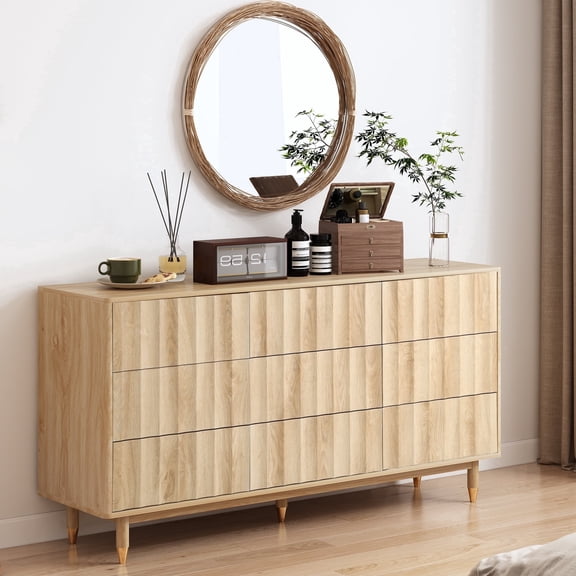 LEFHDA Fluted 9-Drawer Dresser for Bedroom with Deep Drawers, 60" Wide Mid Century Modern Chest of Drawers, Wooden Dresser TV Stand for Living Room, Hallway, Closet (Oak)