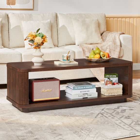 LEFHDA Fluted Curved Coffee Table with Open Shelf, 47" Mid Century Modern Oval Wood Storage Table for Living Room, Apartment, Dark Walnut