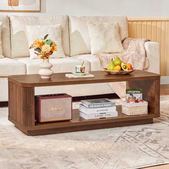 LEFHDA Fluted Curved Coffee Table with Open Shelf, 47" Mid Century Modern Oval Wood Storage Table for Living Room, Apartment, Walnut