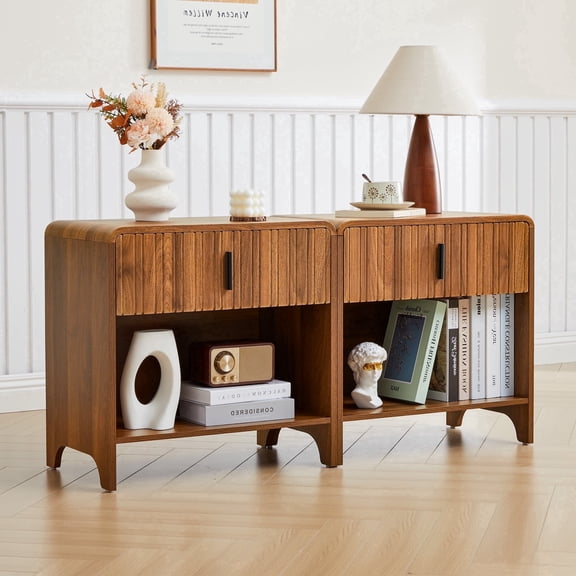 LEFHDA Fluted Nightstand Set of 2, Modern Bedside Tables with Drawer & Open Shelf, Wood End Tables for Bedroom (Walnut)