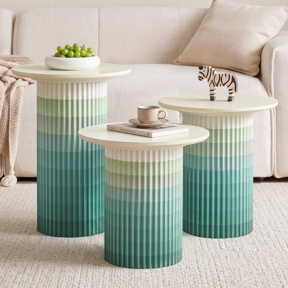 LEFHDA Fluted Round End Tables Set of 3, Mid Century Modern Wooden Coffee Table, Small Bedside Table Accent Cabinet for Living Room, Bedroom, Entryway (Gradient Green)