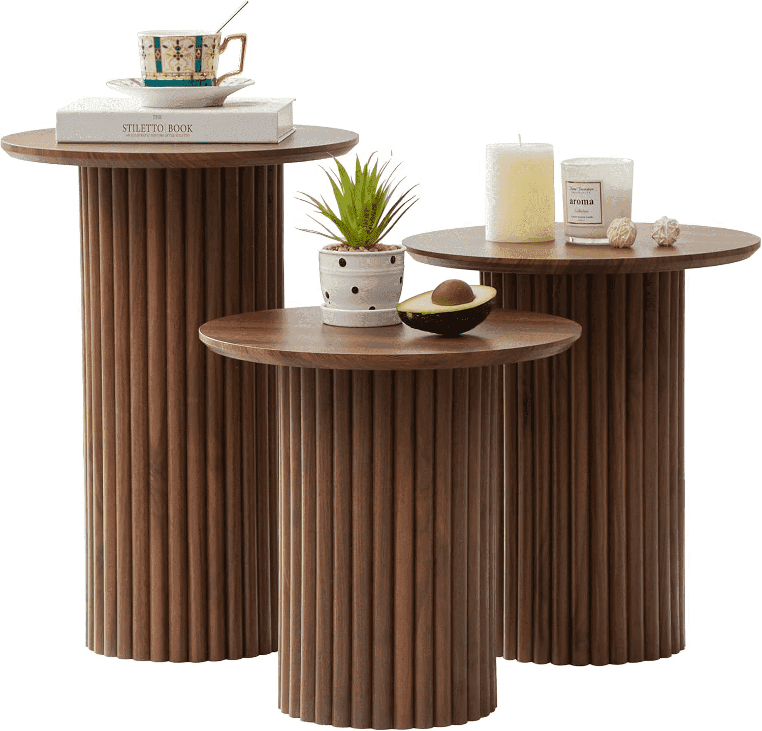 LEFHDA Fluted Round End Tables Set of 3, Mid Century Modern Wooden Coffee Table, Small Bedside Table Accent Cabinet for Living Room, Bedroom, Entryway (Walnut)