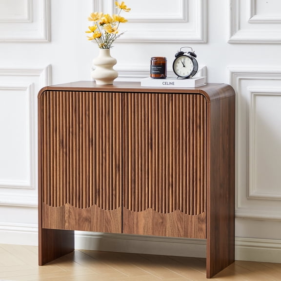 LEFHDA Fluted Wave Door Sideboard Cabinet - Mid Century Modern Buffet with Storage, Adjustable Shelf & Curved Edge for Kitchen, Dining Room, Living Room (Walnut)