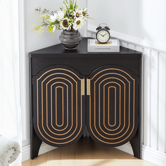 LEFHDA Mid-Century Modern Corner Cabinet, 30" Tall 2-Tier Storage with Curved Doors & Adjustable Shelves for Bathroom, Living Room, Entryway (Black)
