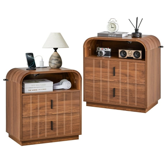 LEFHDA Mid-Century Modern Nightstand with Charging Station & 2 Drawers - Wooden Bedside Table with Open Cubby Storage for Bedroom, Living Room, Office (Set of 2)