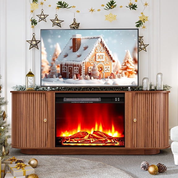 LEFHDA Modern Fireplace TV Stand with 23" Electric Flame & 2-Door Storage, 62" Entertainment Center for 75" TVs, Features Remote Control and Curved Design (Walnut)
