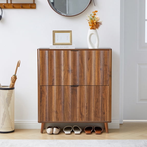 LEFHDA Modern Fluted Shoe Cabinet, 31.5" Slim Shoe Storage Cabinet with 2 Flip-Down Drawers, Narrow Freestanding Shoe Rack Organizer for Entryway, Hallway, Walnut