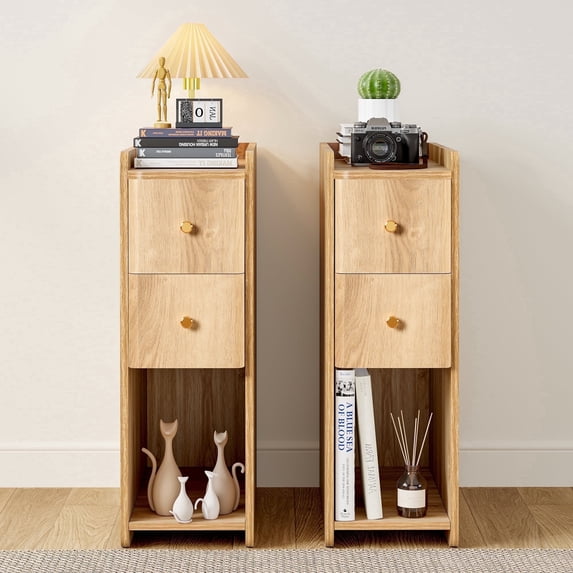 LEFHDA Modern Narrow Nightstands Set of 2 & Dressers Mid-century Modern Natural Wood Bedside Tables with Drawers, Open Shelf, and Wood Grain Design for Bedroom & Living Room