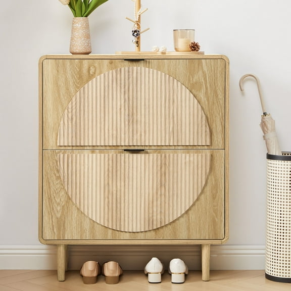 LEFHDA Modern Shoe Cabinet with 2 Flip-Down Drawers, Wood Entryway Shoe Storage Organizer, Freestanding Slim Shoe Rack, Round Fluted Pattern (Oak)