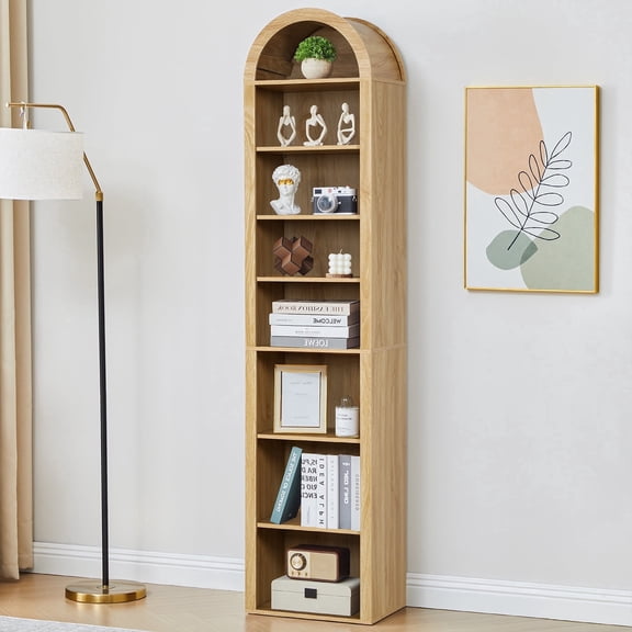 LEFHDA Narrow 8-Tier Arched Bookcase – Oak, 15.7-Inch Wide Open Shelf for Books, Media Storage (CD/DVD), Bathroom, or Entryway