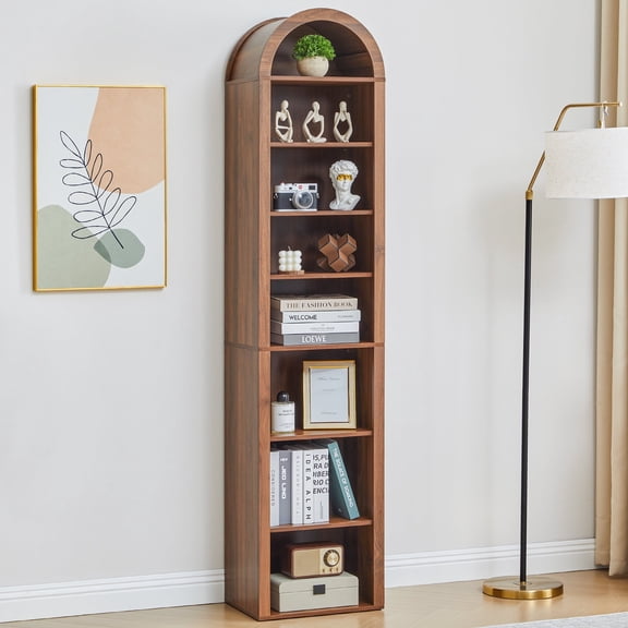 LEFHDA Narrow 8-Tier Arched Bookcase – Walnut, 15.7-Inch Wide Open Shelf for Books, Media Storage (CD/DVD), Bathroom, or Entryway