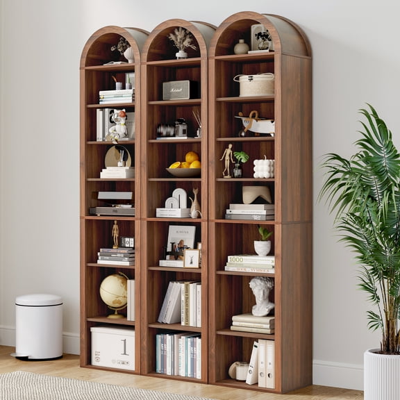 LEFHDA Narrow 8-Tier Arched Bookcase – Walnut Set of 3, 15.7-Inch Wide Open Shelf for Books, Media Storage (CD/DVD), Bathroom, or Entryway