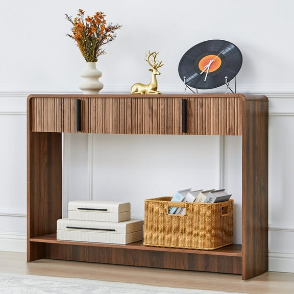 LEFHDA Narrow Console Table with 2 Drawer, Fluted Entryway Table with Storage Shelf, Narrow Wooden Sofa Table for Indoor Living Room Entryway