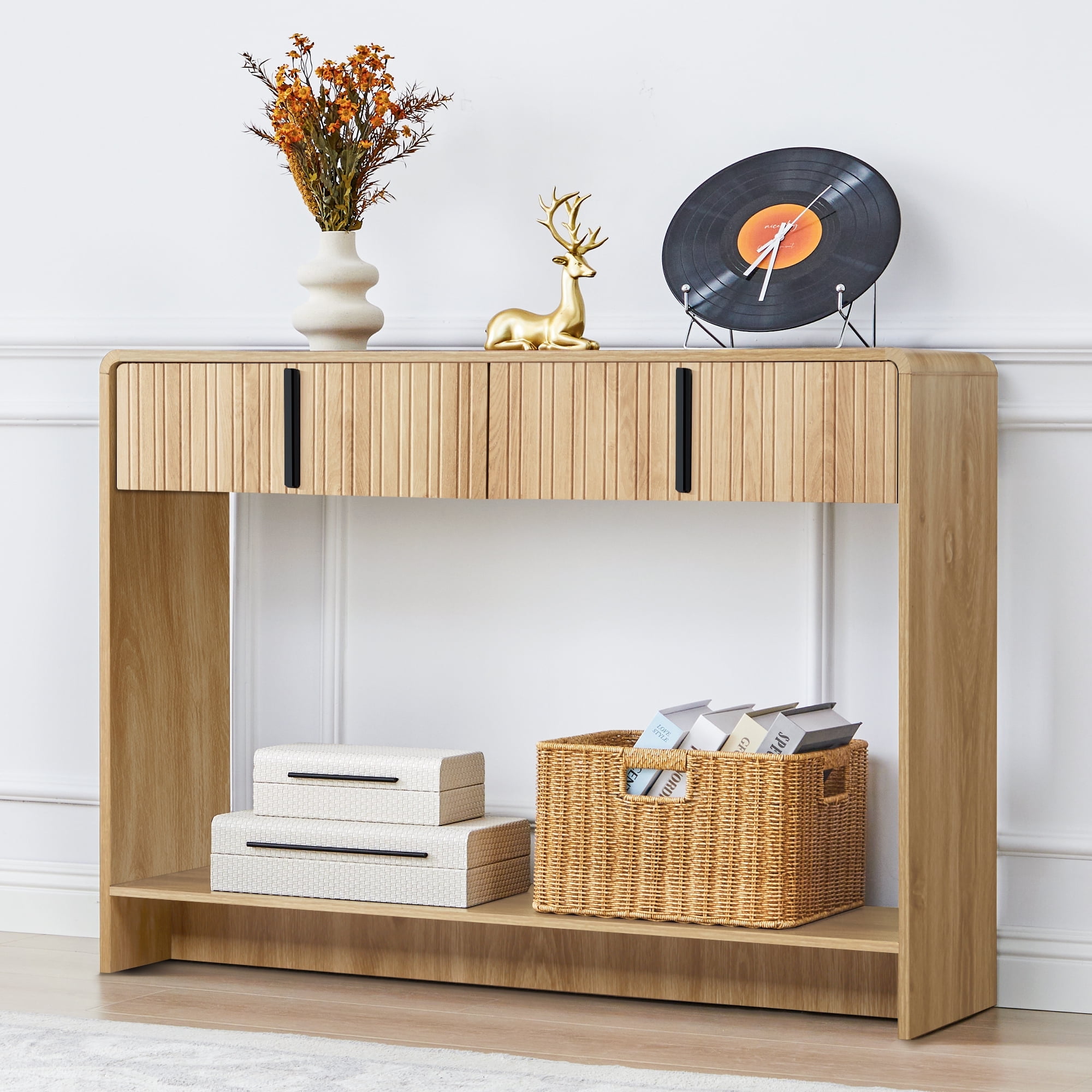 LEFHDA Narrow Console Table with 2 Drawer, Fluted Entryway Table with ...