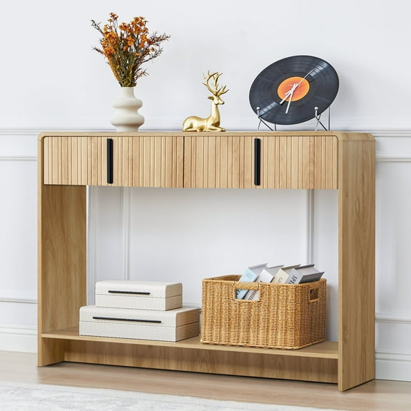 LEFHDA Narrow Console Table with 2 Drawer, Fluted Entryway Table with Storage Shelf, Narrow Wooden Sofa Table for Indoor Living Room Entryway