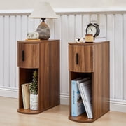 LEFHDA Narrow Set of 2 Nightstands for Living Room, Slim Bedside Cabinets Small Spaces, Mid-Century Modern Wooden Farmhouse End Tables for BedroomWalnut