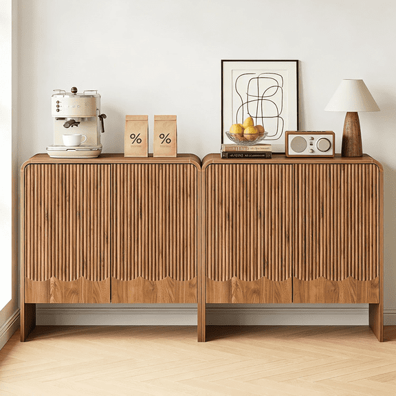 LEFHDA Set of 2 Fluted Wave Door Sideboard Cabinet - Mid Century Modern Buffet with Storage, Adjustable Shelf & Curved Edge for Kitchen, Dining Room, Living Room (Walnut)