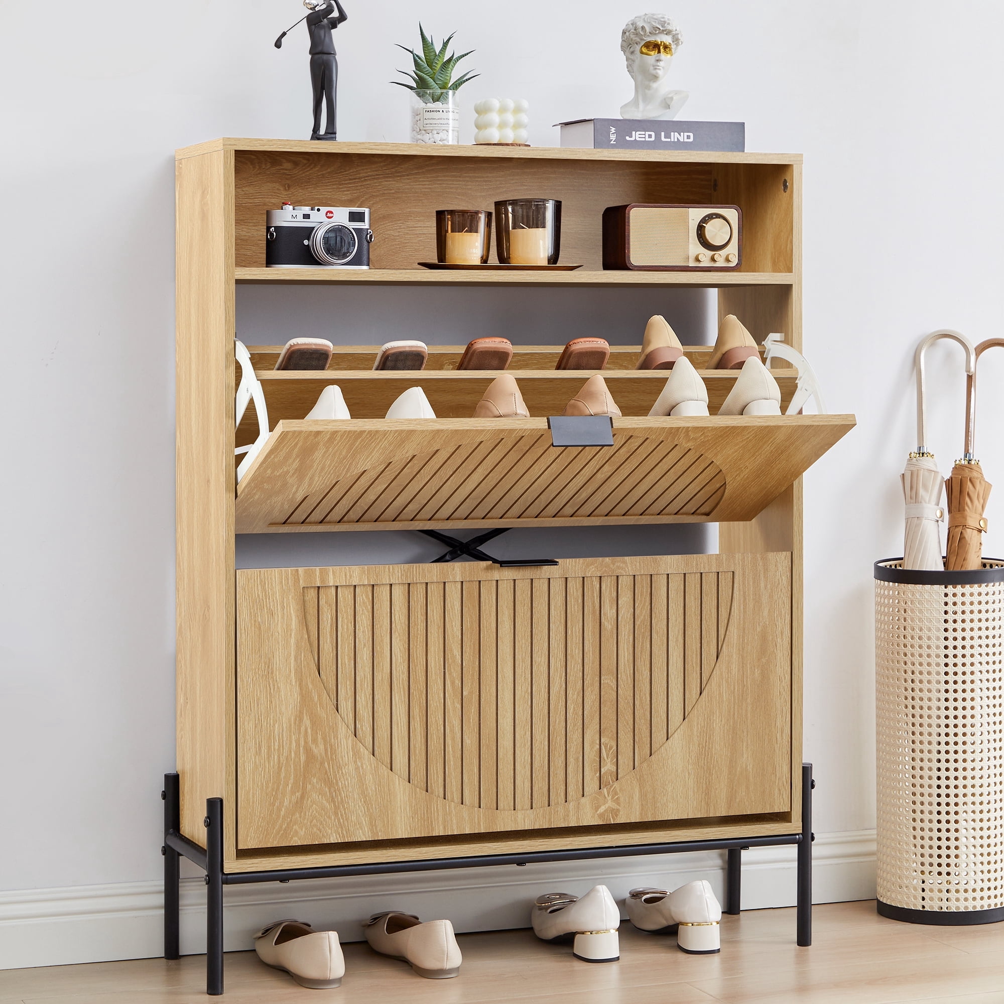 LEFHDA Shoe Cabinet with 2 Flip Drawers, 6-Tier Wood Entryway Shoe Organizer, Narrow Freestanding Storage Rack with Fluted Door & Metal Legs, for Bedroom, Balcony, Oak