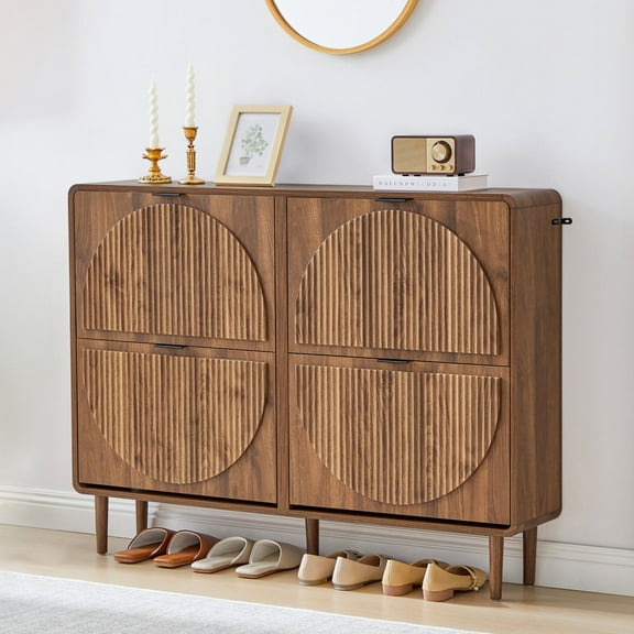 LEFHDA Shoe Storage Cabinet with 4 Flip Drawers, Entryway Shoe Storage with Round Fluted Desgin, Wide Modern Shoe Holder with Adjustable Shelves, 18 Pairs