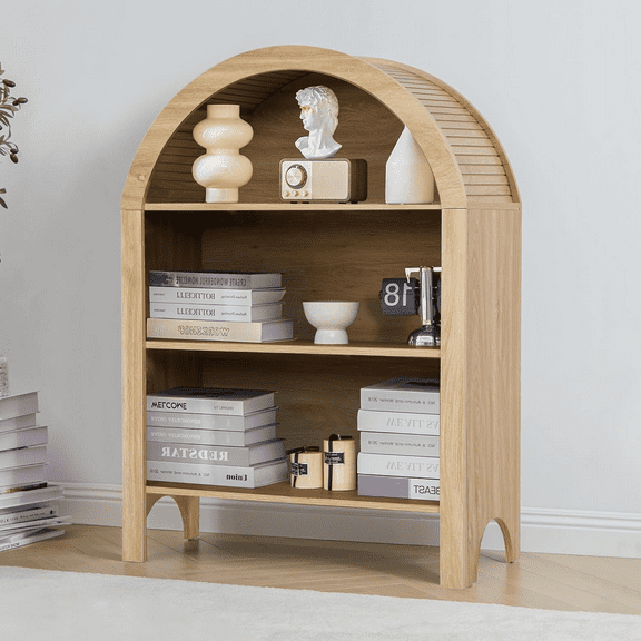 LEFHDA Small Kids Arched Bookshelf, Modern 3-Tier Open Bookshelf, Wood Freestanding Arched Bookcase with Adjustable Shelves, Covered Rounded Top Display Cabinet (Oak)