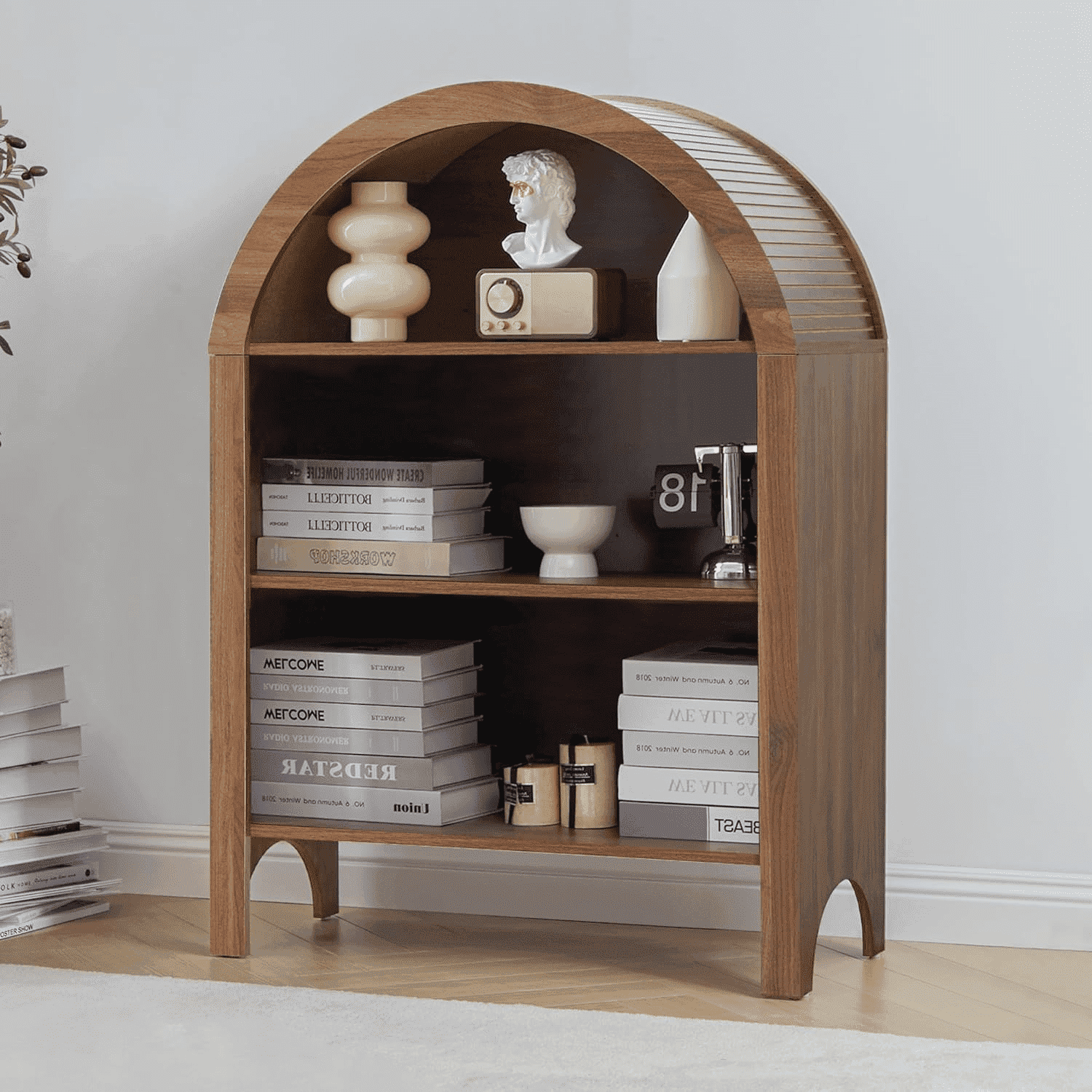 LEFHDA Small Kids Arched Bookshelf, Modern 3-Tier Open Bookshelf, Wood Freestanding Arched Bookcase with Adjustable Shelves, Covered Rounded Top Display Cabinet (Walnut)