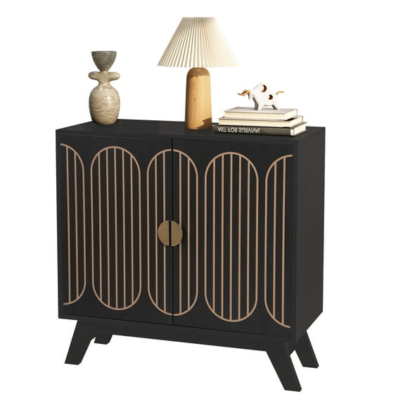 LEFHDA Small Line Sideboard Buffet Cabinet with Storage, Mid Century Modern Storage Cabinet with 4 Doors, Wooden Accent Cabinets for Living Room, Kitchen, Entryway (1PC, Black)