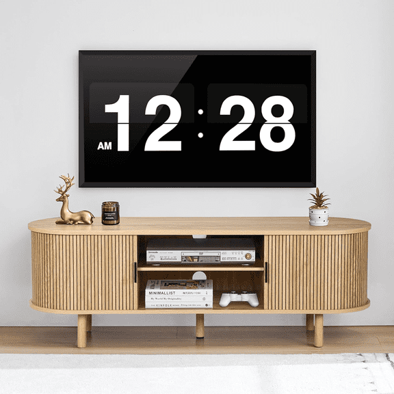 LEFHDA Tambour Door TV Stand, Mid Century Modern TV Cabinet and Entertainment Center, Modern TV Console Table for 65“ TV, Curved Edge Storage Cabinet (54" Oak)