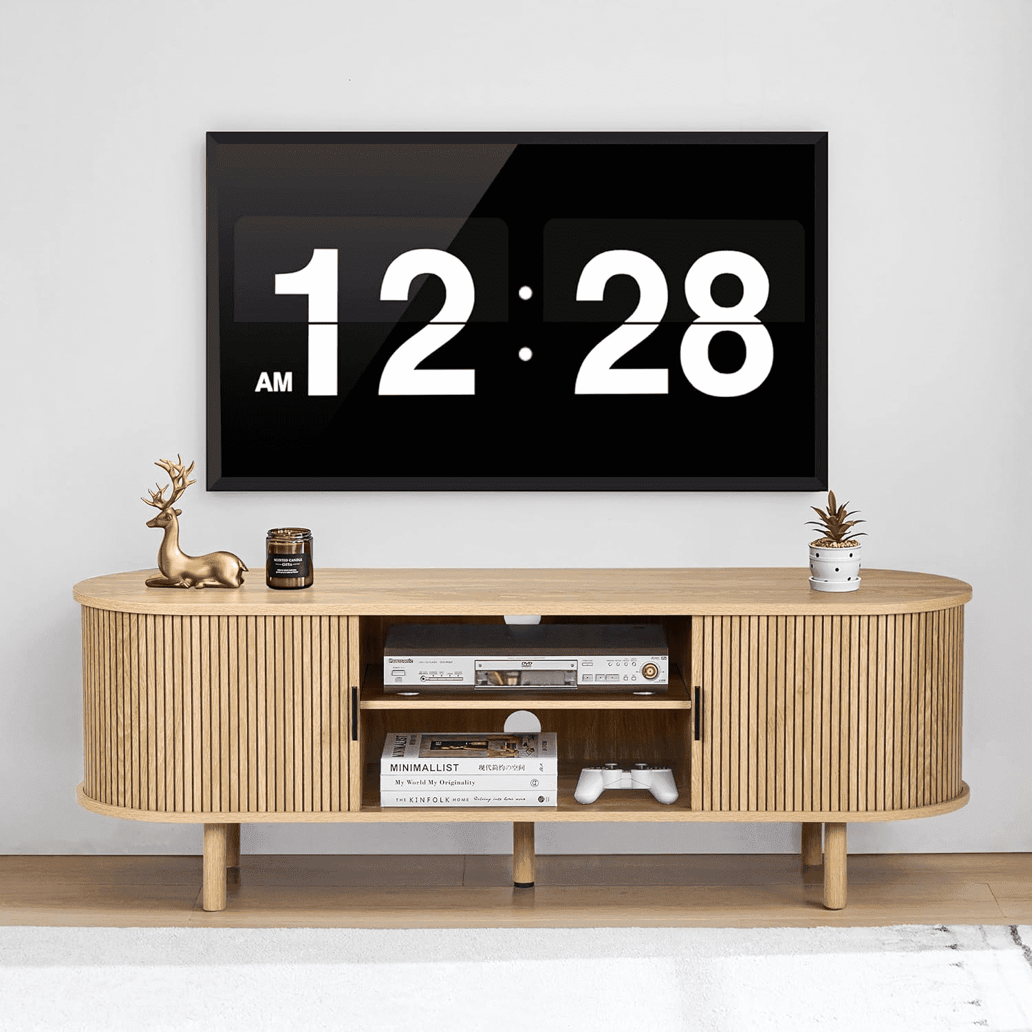 LEFHDA Tambour Door TV Stand, Mid Century Modern TV Cabinet and Entertainment Center, Modern TV Console Table for 65“ TV, Curved Edge Storage Cabinet (54" Oak)