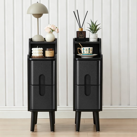 LEFHDA Ultra Slim Nightstand with Drawers, 7.87" Narrow Side Table, Small Wood Bedside Table, Modern Skinny End Table for Bedroom, Small Space, Living Room (Black, 2 Pc)