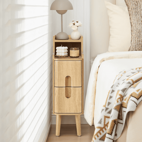 LEFHDA Ultra Slim Nightstand with Drawers, 7.87" Narrow Side Table, Small Wood Bedside Table, Modern Skinny End Table for Bedroom, Small Space, Living Room (Walnut, 1 Pc)