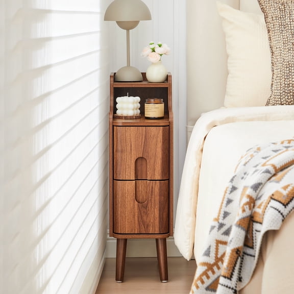 LEFHDA Ultra Slim Nightstand with Drawers, 7.87" Narrow Side Table, Small Wood Bedside Table, Modern Skinny End Table for Bedroom, Small Space, Living Room (Walnut, 1 Pc)