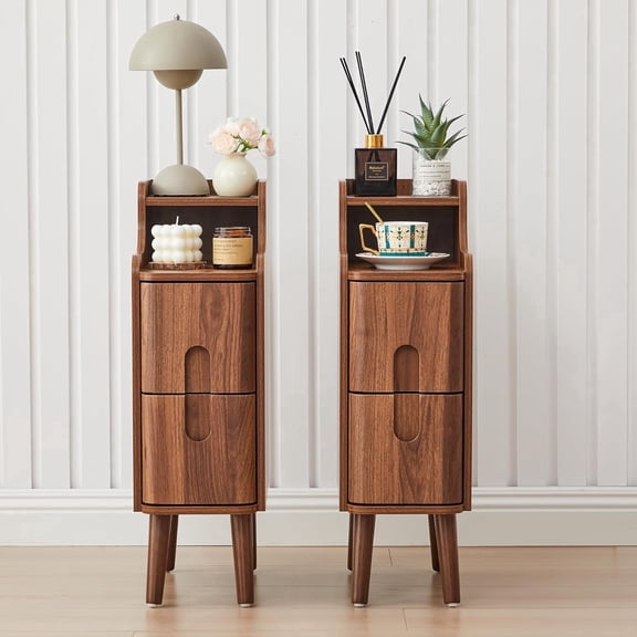 LEFHDA Ultra Slim Nightstand Set of 2 with Drawers, 7.87" Narrow Side Table, Small Wood Bedside Table, Modern Skinny End Table for Bedroom, Small Space, Living Room (Walnut, 2 Pcs)