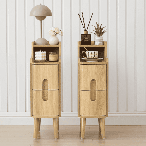 LEFHDA Ultra Slim Nightstand Set of 2 with Drawers, 7.87" Narrow Side Table, Small Wood Bedside Table, Modern Skinny End Table for Bedroom, Small Space, Living Room (Walnut, 2 Pcs)