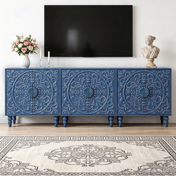 LEFHDA Vintage French Style Accent Cabinet with Storage, 30.7" Sideboard Buffet Cabinet with 2 Floral Carved Doors & Distressed Design, Hallway, Dining Room, Antique Blue 3PC