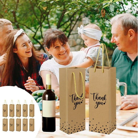 LEFTHIGH Home 10pcs Wine Gift Bags Metallics Foil Printed Kraft Paper Bags with Rope Handle Suitable for Christmas Thanksgiving Wedding Birthday Party Dorm Room Essential